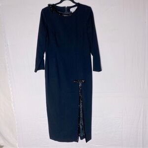Vintage Simon Chang Black Long Sleeve Midi Dress With Slit And beaded Trim 8